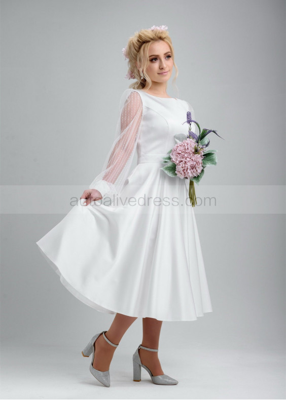 Ivory Short Satin Dotted Tulle Wedding Dress